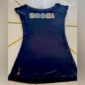 COOGI Y2K Electric BLACK Fitted Cap Sleeve Top L 96% 
Ribbbed Rayon. Boatneck